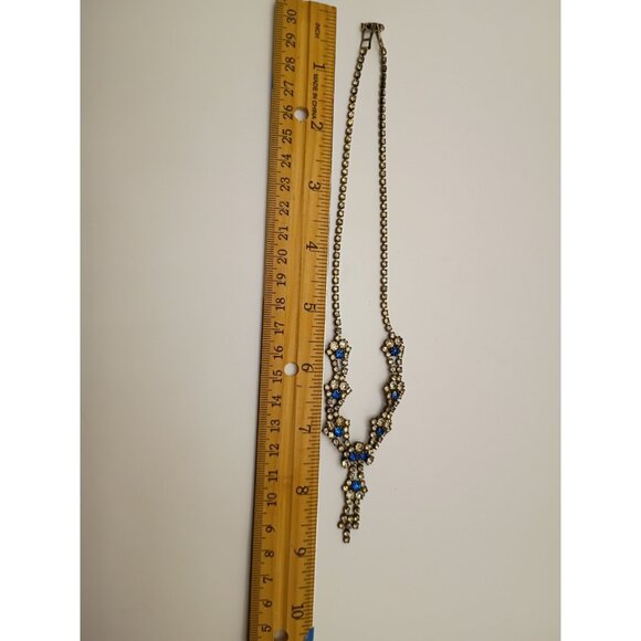 Vintage Sapphire Blue Clear Rhinestone Paste Choker Necklace Statement Cocktail - Picture 8 of 15